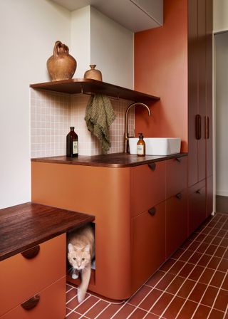 a laundry room with hidden cat litter