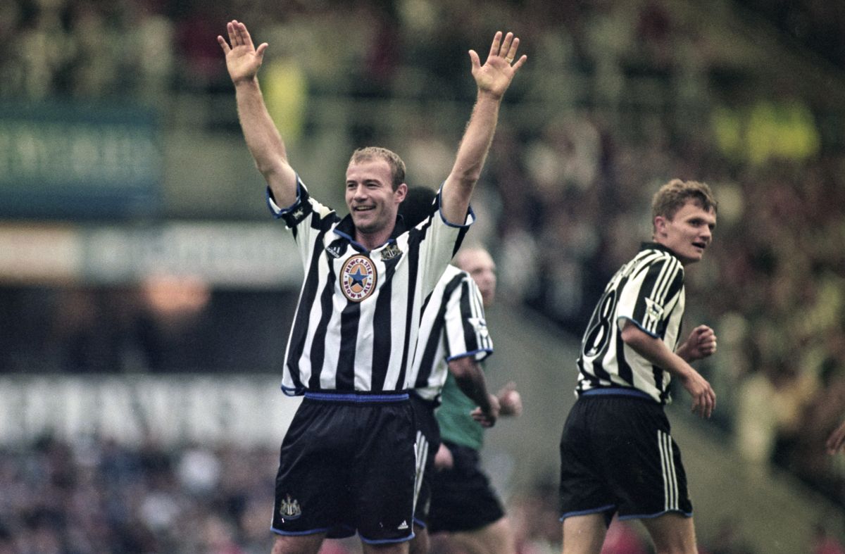 Alan Shearer of Newcastle United celebrates after scoring one of his five goals against Sheffield Wednesday during the Premier League match at St. James' Park, September 1999