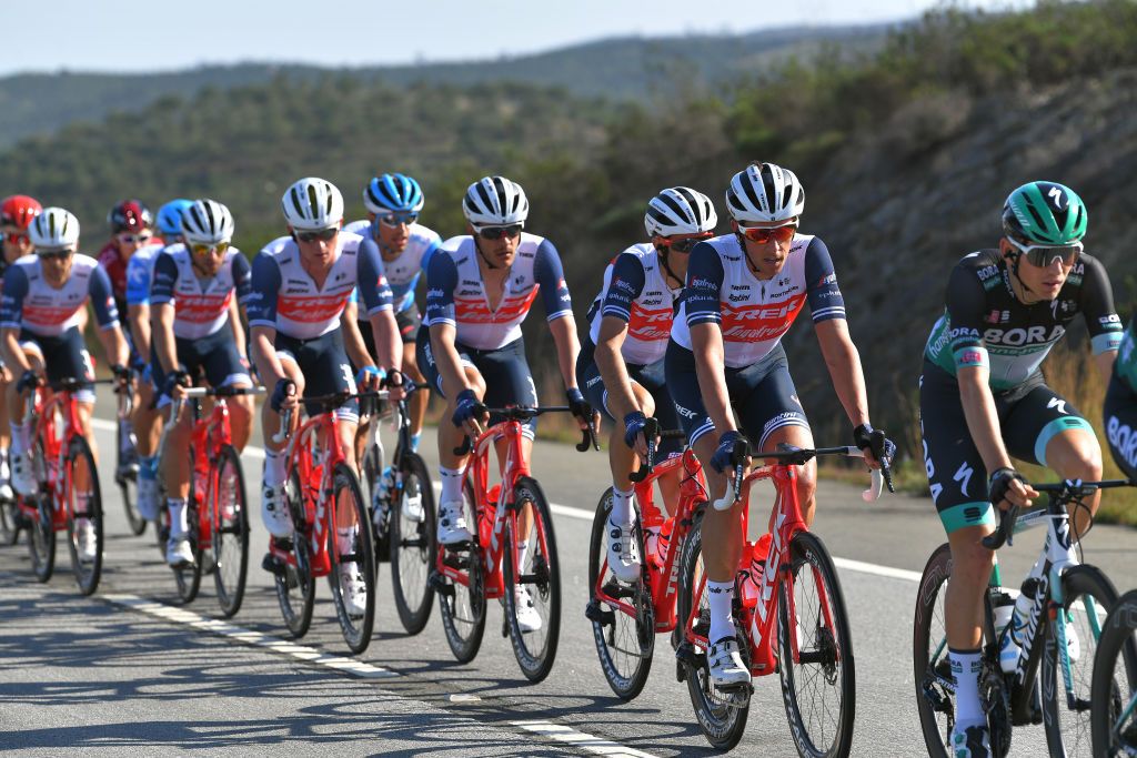 TAVIRA PORTUGAL FEBRUARY 21 Koen De Kort of The Netherlands and Team Trek Segafredo Vincenzo Nibali of Italy and Team Trek Segafredo Jasper Stuyven of Belgium and Team Trek Segafredo Peloton during the 46th Volta ao Algarve 2020 Stage 3 a 2019Km stage from Faro to Tavira VAlgarve2020 on February 21 2020 in Tavira Portugal Photo by Tim de WaeleGetty Images