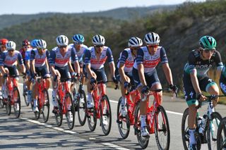 Trek-Segafredo teammates crash through unexpected deep gravel corner at Volta ao Algarve