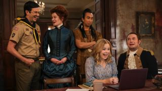 (L-R): Richie Moriarty as Pete smiling, Rebecca Wisocky as Hetty laughing while looking at Pete, Román Zaragoza as Sasappis looking at Isaac in shock, Rose McIver as Samantha smiling at her laptop and Brandon Scott Jones as Isaac looking moritfied.