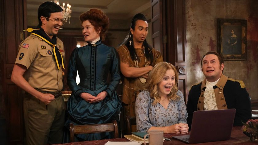 (L-R): Richie Moriarty as Pete smiling, Rebecca Wisocky as Hetty laughing while looking at Pete, Román Zaragoza as Sasappis looking at Isaac in shock, Rose McIver as Samantha smiling at her laptop and Brandon Scott Jones as Isaac looking moritfied.