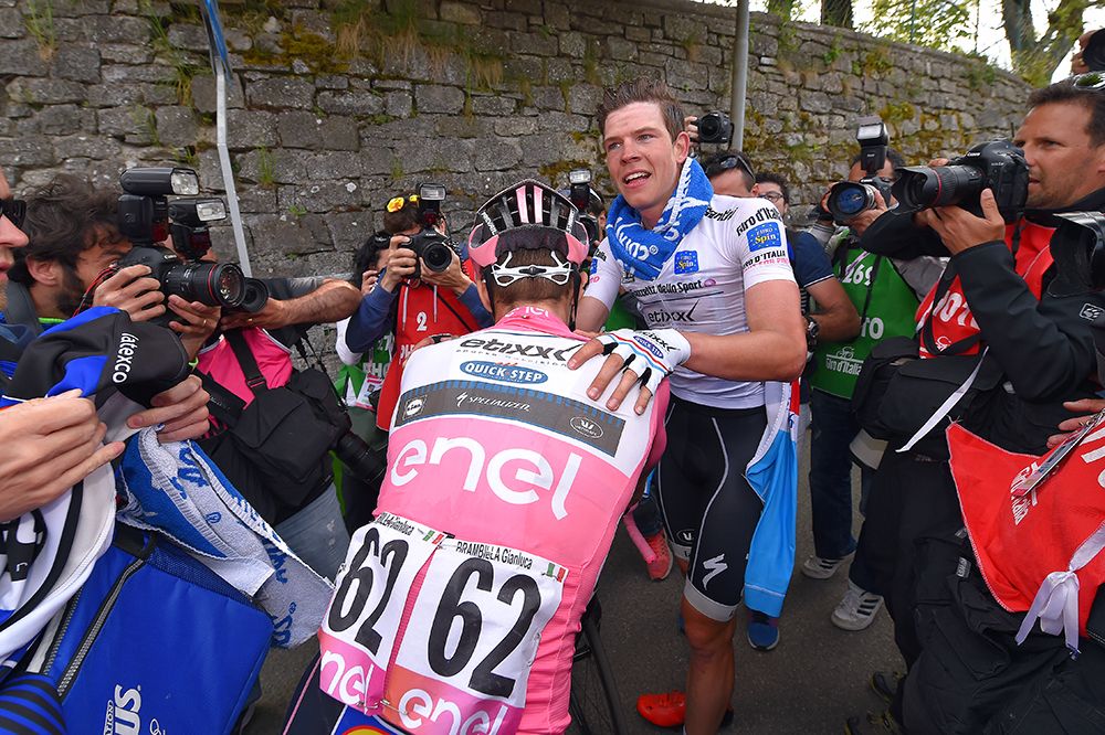 Gianluca Brambilla (Etixx-Quickstep) celebrates with teammate Bob Jungels