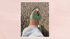 A pair of feet pictured in some green, open-toed sandals and with a pink and white French tip pedicure created by Julia Diogo (@paintedbyjools) / features in a pastel pink template