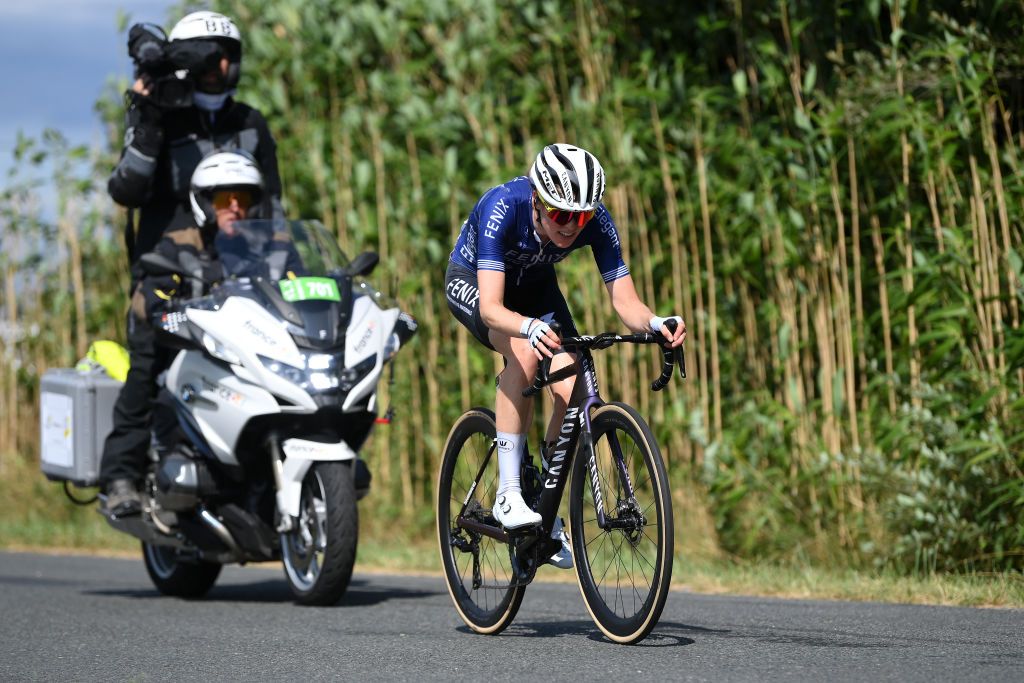 MONTIGNACLASCAUX FRANCE JULY 25 Julie Van De Velde of Belgium and Team FenixDeceuninck competes in the breakaway during the 2nd Tour de France Femmes 2023 Stage 3 a 1472km stage from CollongeslaRouge to MontignacLascaux UCIWWT on July 25 2023 in MontignacLascaux France Photo by Alex BroadwayGetty Images