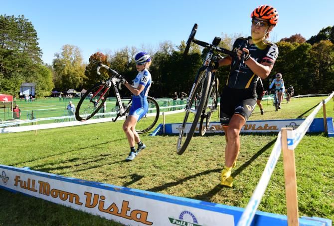 Crystal Anthony (Optum Pro Cycling) racing just behind the leaders with Maghalie Rochette