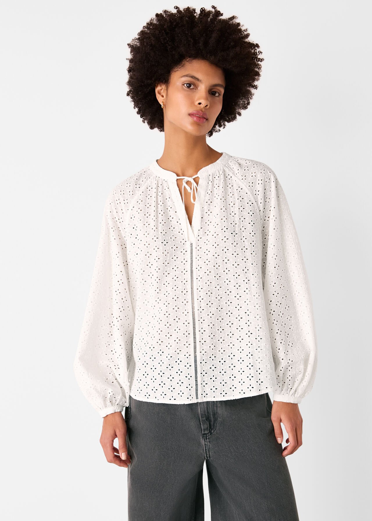 White Broderie V Neck Blouse