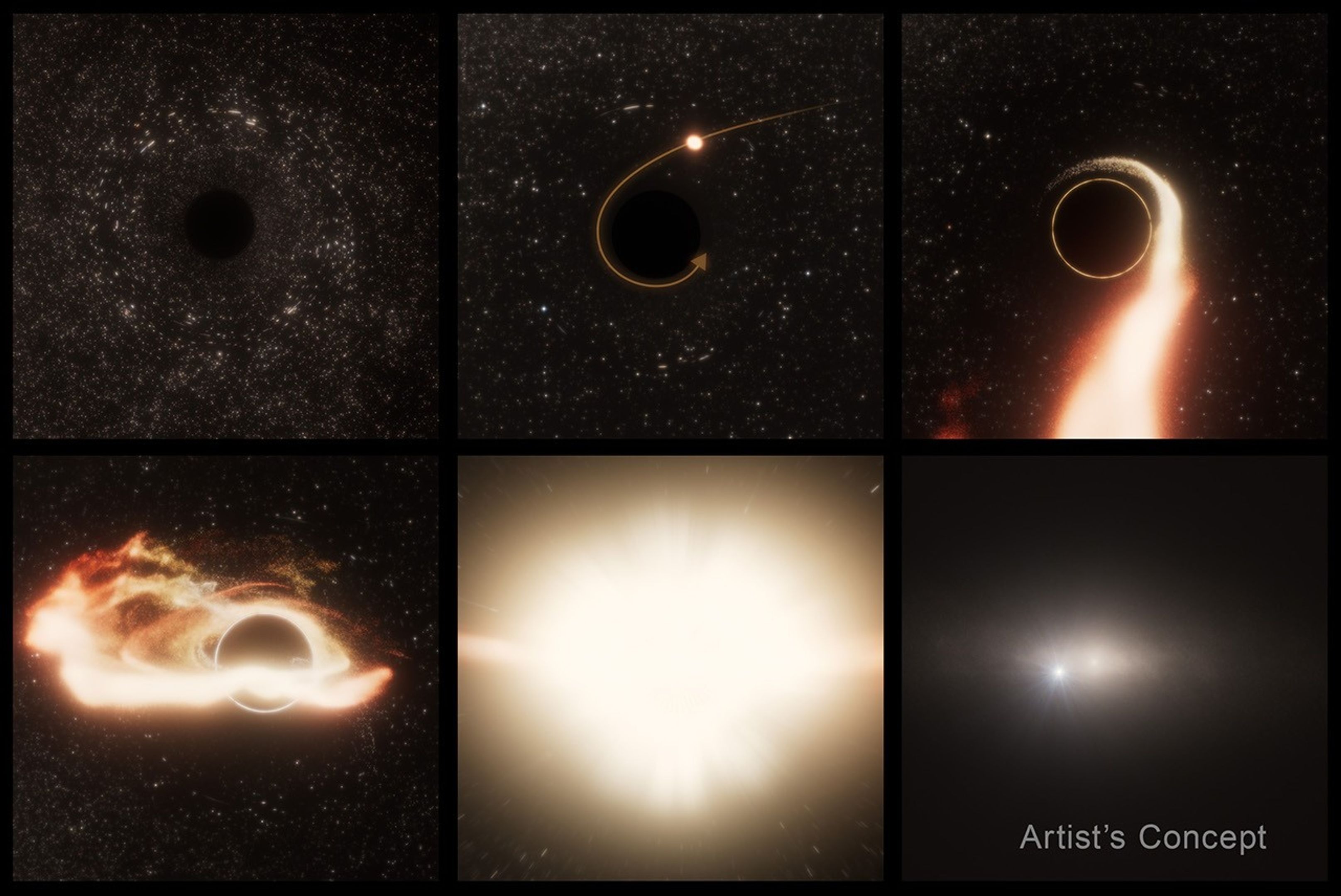 six panels depicting a long tendril of golden-white light circling a black, starless orb on a starry background