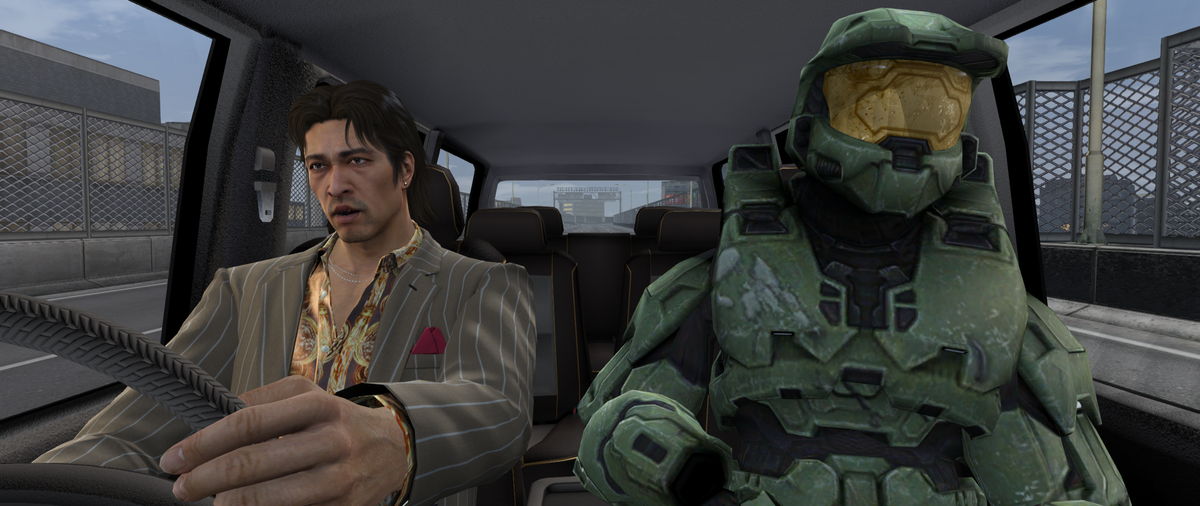 An image of a modified Yakuza 0 replacing disco-dancing protagonist Kiryu with Master Chief, an armored super soldier, on a light-up dance floor
