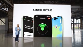 Kaiann Drance introduces the Roadside Assistance via Satellite feature at Apple's iPhone 15 launch event in September 2023.