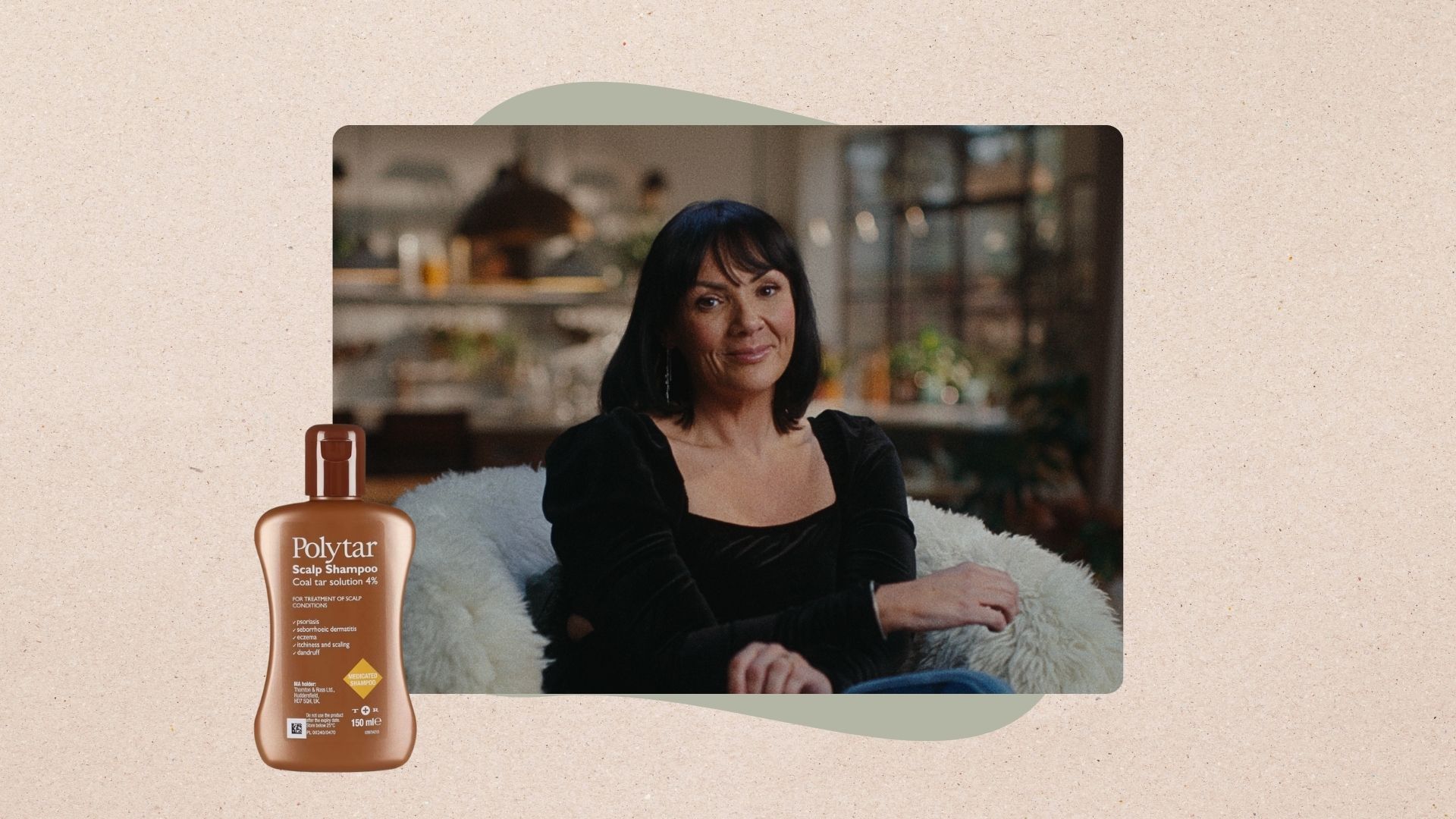 Martine McCutcheon with Polytar Scalp Shampoo in the corner