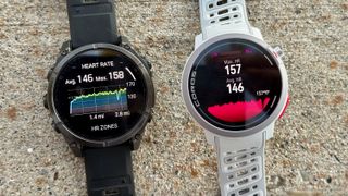 The Garmin Fenix 8 and COROS PACE Pro sitting side by side, showing a post-run heart rate summary and chart.