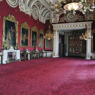 buckingham palace slate room with decadent chandeliers