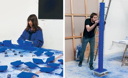 Annie Morris applies blue pigment to wallets at a table and Idris Khan makes finishing touches to a sculpture