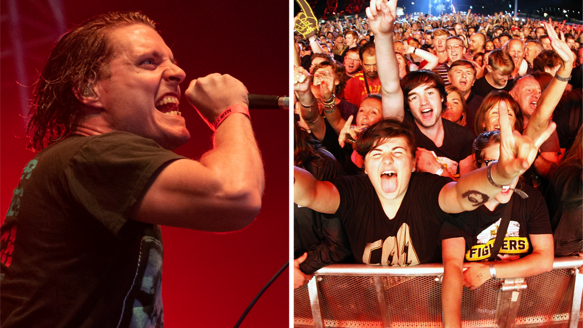 Deafheaven performing onstage, with a shot of a live crowd