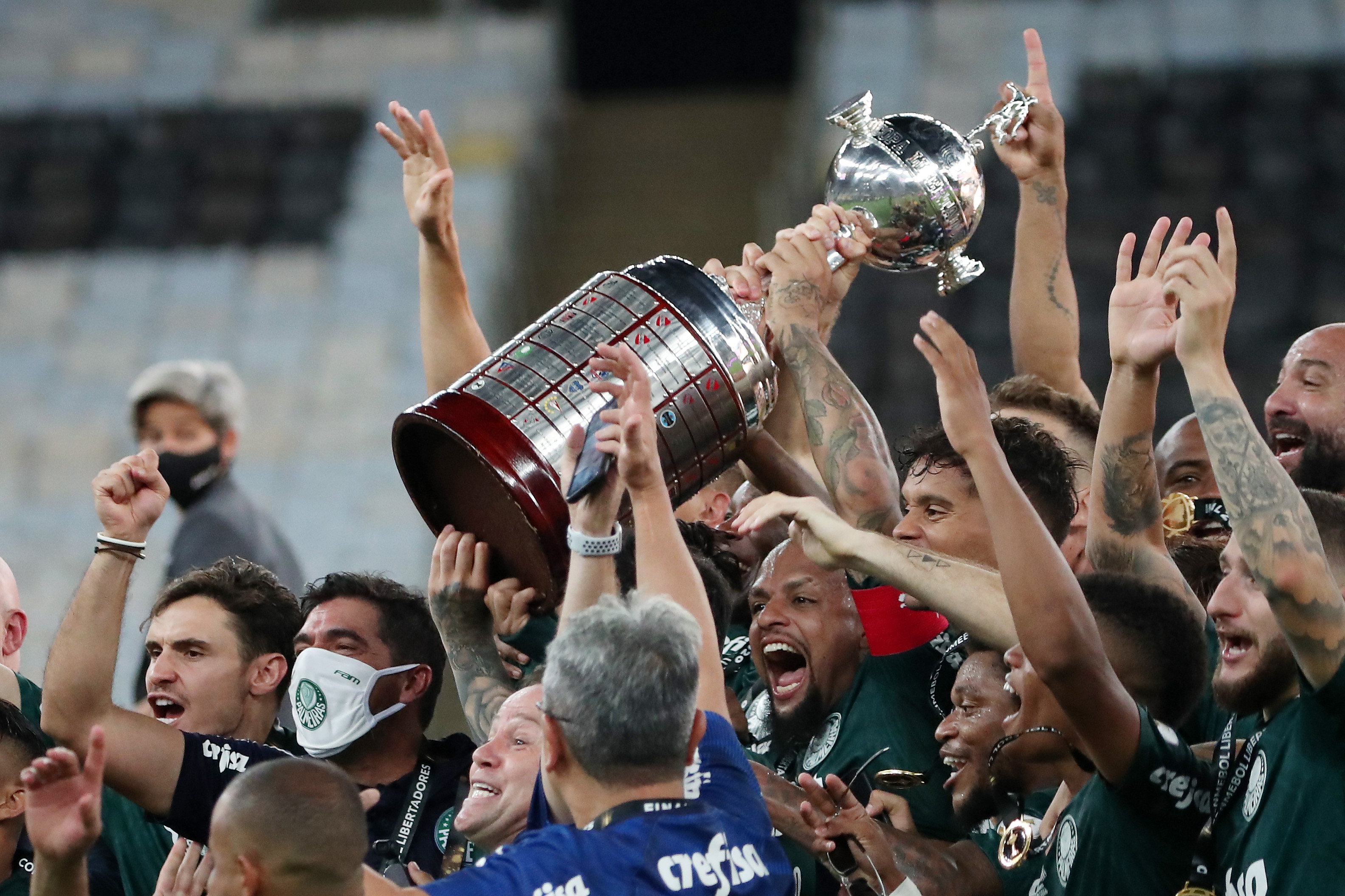 Palmeiras players celebrate victory over Santos in the Copa Libertadores final in January 2021.