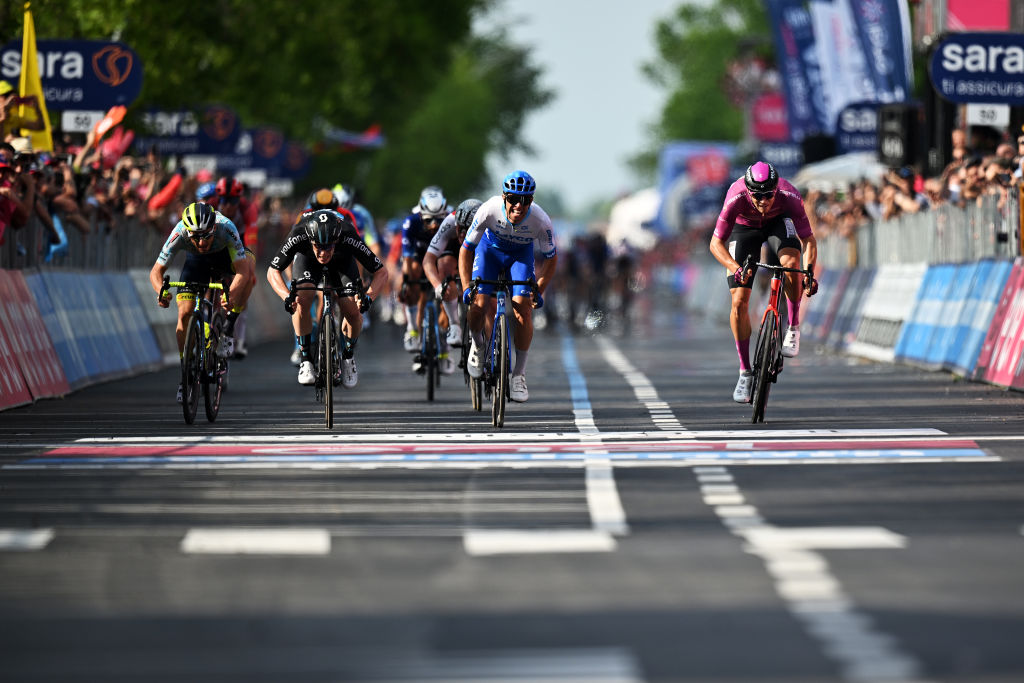 CAORLE ITALY MAY 24 LR Niccol Bonifazio of Italy and Team Intermarch Circus Wanty Alberto Dainese of Italy and Team DSM Michael Matthews of Australia and Team Jayco AlUla and Jonathan Milan of Italy and Team Bahrain Victorious Purple Points Jersey sprint at finish line during the the 106th Giro dItalia 2023 Stage 17 a 197km stage from Pergine Valsugana to Caorle UCIWT on May 24 2023 in Caorle Italy Photo by Stuart FranklinGetty Images