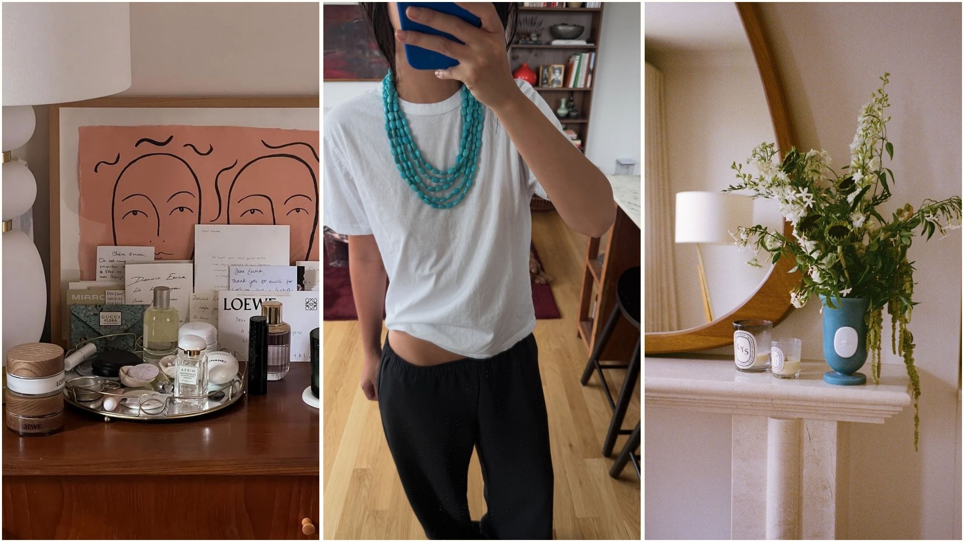 A collage of a dressing table with perfumes, a woman taking a mirror selfie of a chic outfit and a fireplace with flowers on top