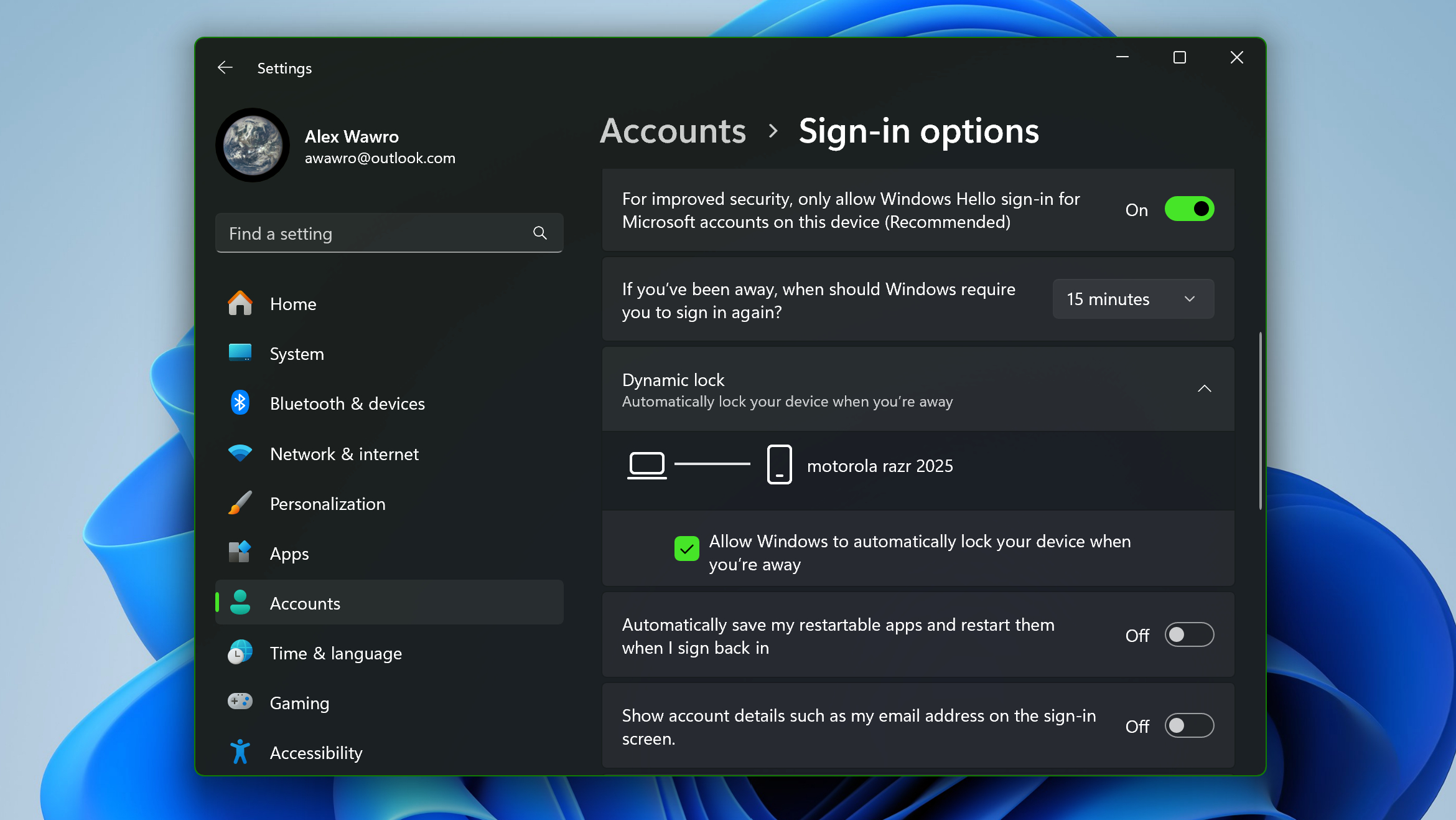 Windows 11 sign-in options menu