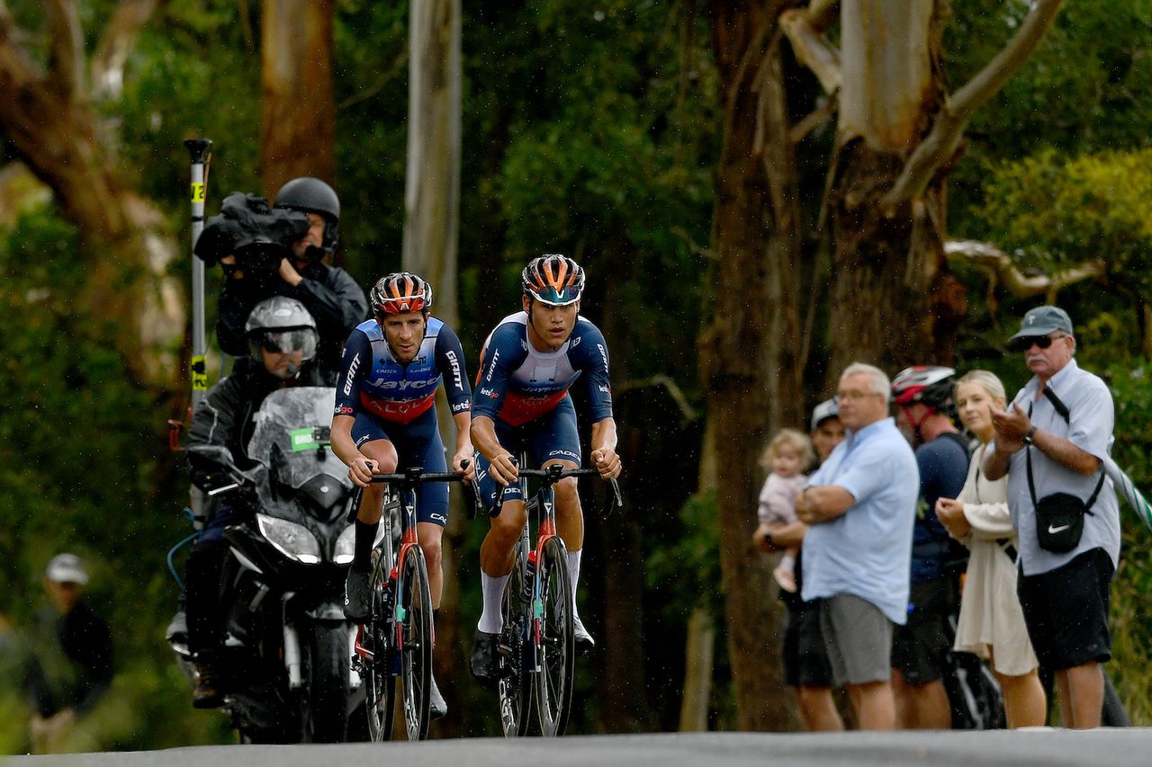 Luke Plapp and Chris Harper of Team Jayco-AlUla out front at the 2024 Federation University Australian Road Championships