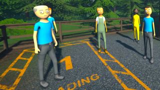 Schedule 1 employees - Various employees awkwardly standing in the barn parking space, staring at you.