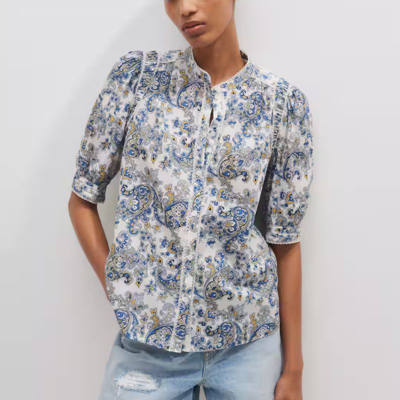Cotton Geo Paisley Print Blouse on model