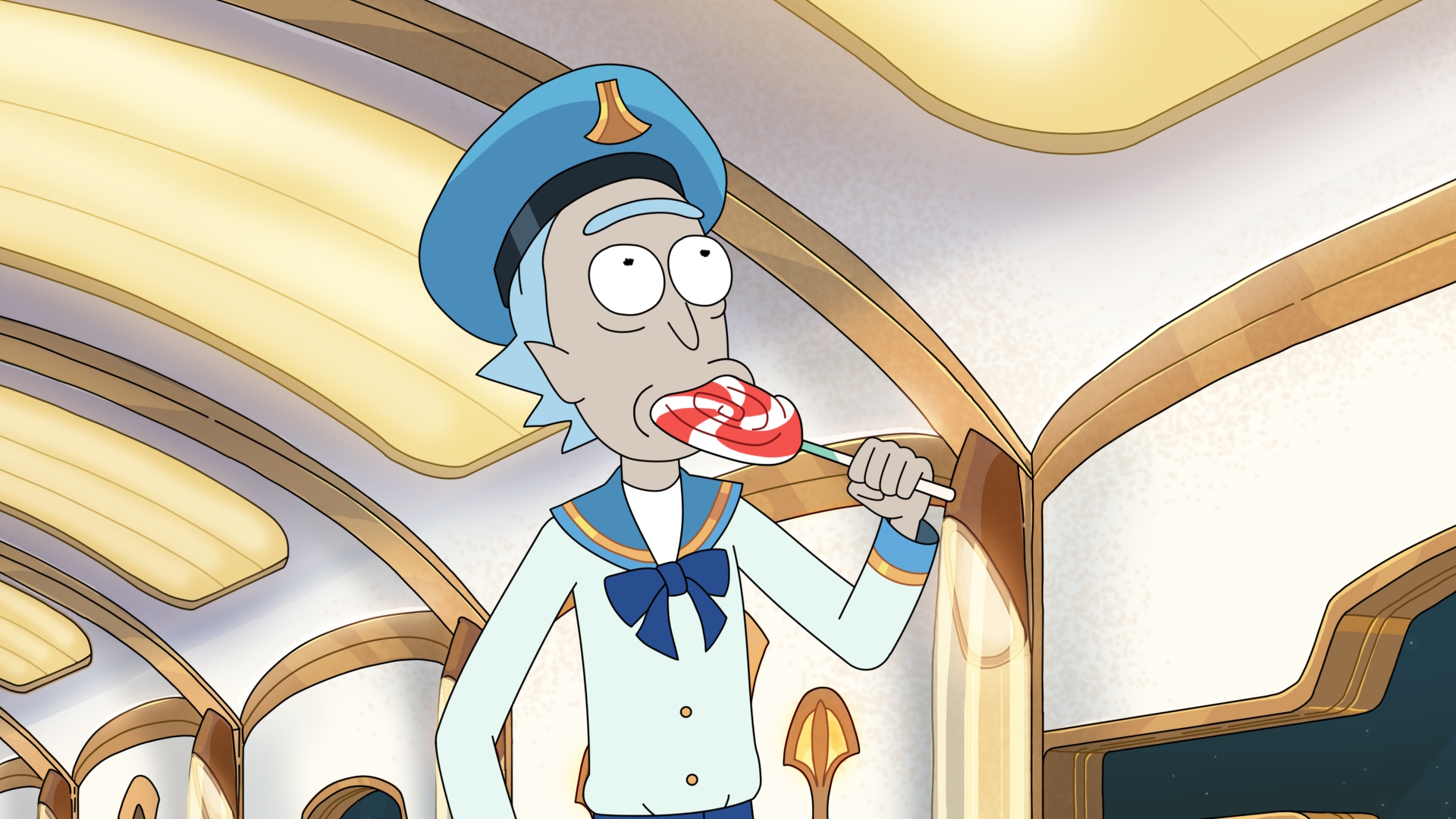 Rick and Morty season 8 still featuring Rick in a sailor outfit licking a lollipop
