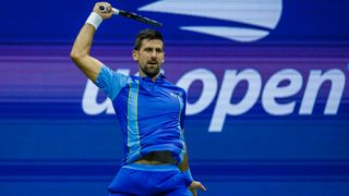 Novak Djokovic hits a groundstroke ahead of the Fritz vs Djokovic live stream