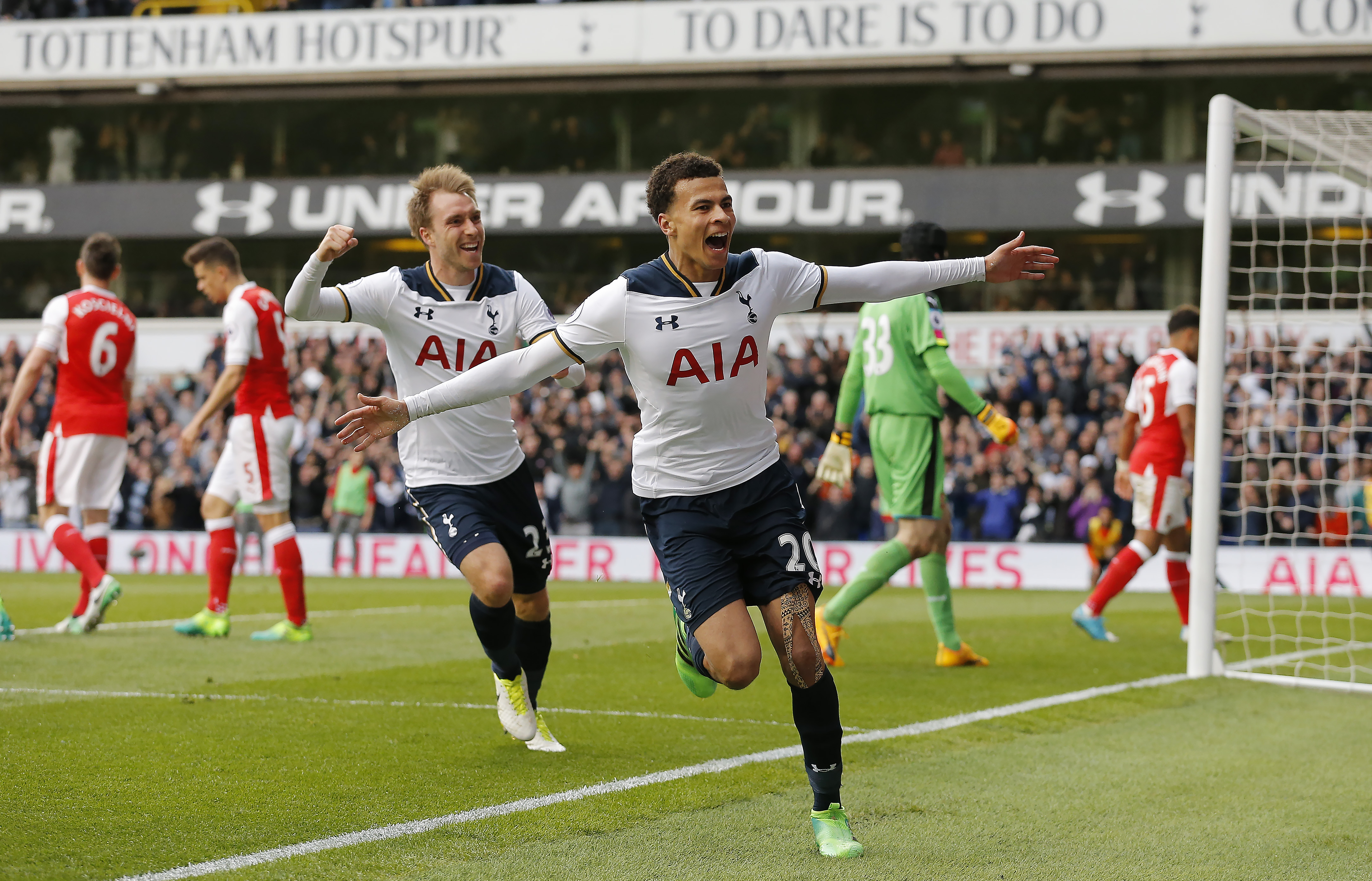 Dele Alli celebrates after scoring for Tottenham against Arsenal at White Hart Lane in April 2017.