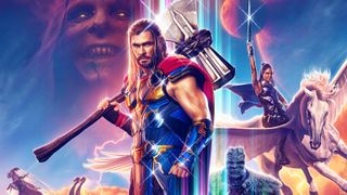 Chris Hemsworth (as Thor) stands with the Stormbreaker axe, while Christian Bale (as Gorr), Tessa Thompson (as Valkyrie) and Taika Waititi (as Korg) are in the background in a poster for Thor: Love and Thunder