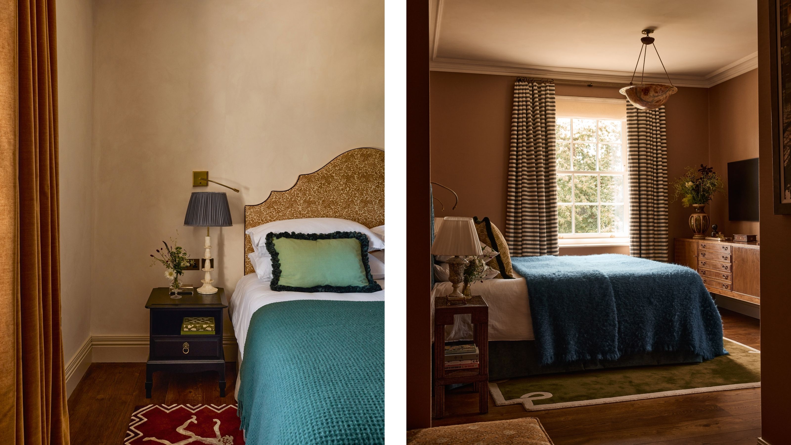 two side by side color rich guest bedrooms in a country home in surrey