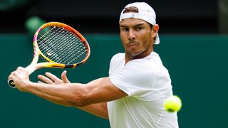 Rafael Nadal of Spain practices on centre court at the AELTC