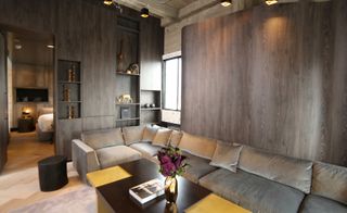 Room with sofa fog-coloured walls, wood finishes and earthy textiles