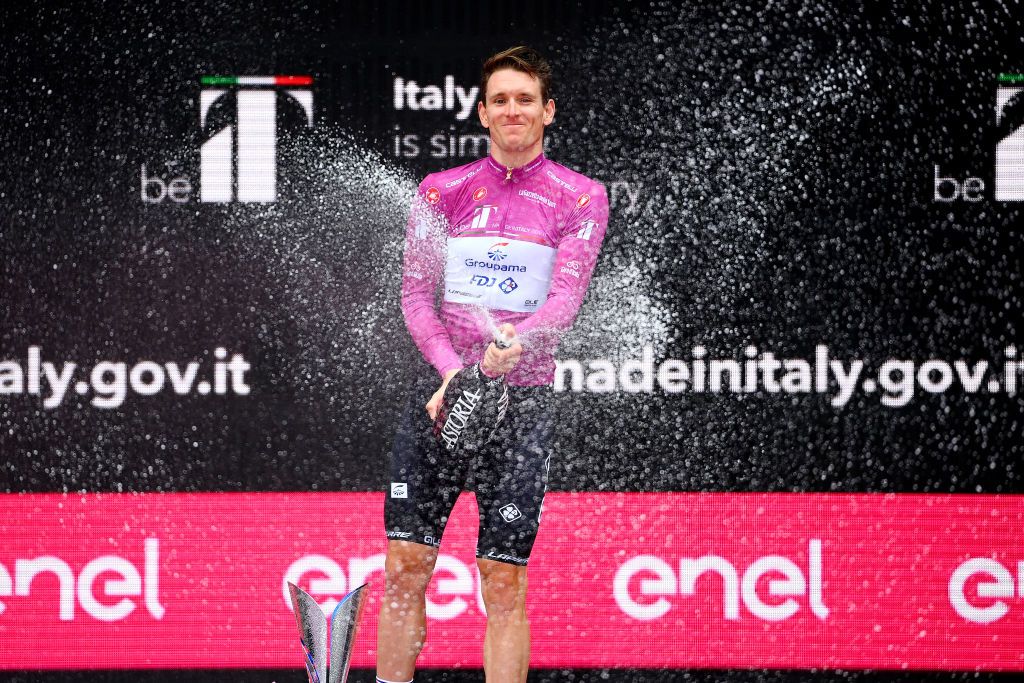 VERONA ITALY MAY 29 Arnaud Demare of France and Team Groupama FDJ Purple Points Jersey celebrates at final podium during the 105th Giro dItalia 2022 Stage 21 a 174km individual time trial stage from Verona to Verona ITT Giro WorldTour on May 29 2022 in Verona Italy Photo by Tim de WaeleGetty Images