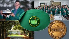 Rory McIlroy holding The Masters trophy, the Masters champions dinner group photo, the Augusta National clubhouse, an Augusta National gold medal and a close-up of the Augusta logo on the Green Jacket