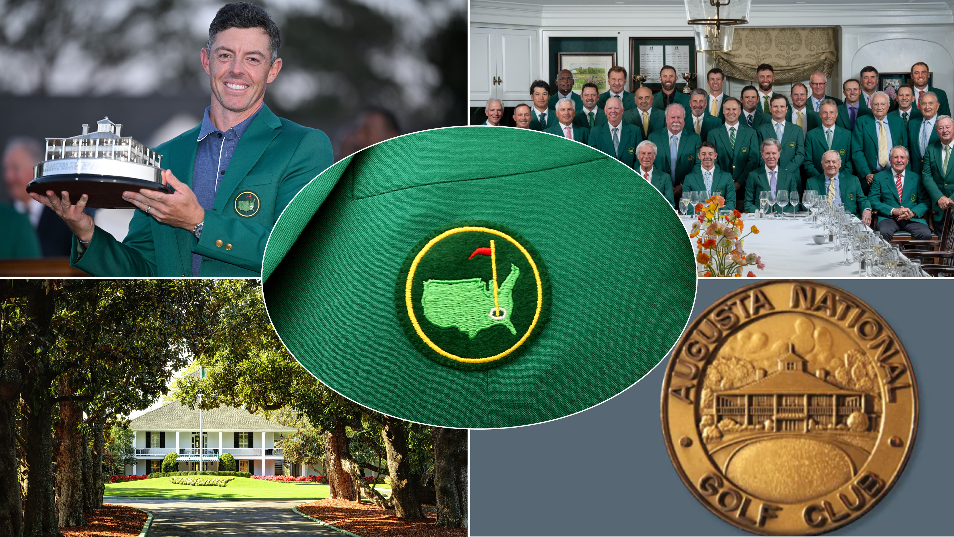 Rory McIlroy holding The Masters trophy, the Masters champions dinner group photo, the Augusta National clubhouse, an Augusta National gold medal and a close-up of the Augusta logo on the Green Jacket
