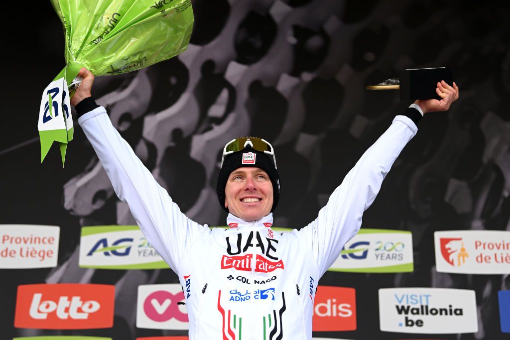 Tadej Pogačar on the podium after winning the 2024 edition of Liège-Bastogne-Liège