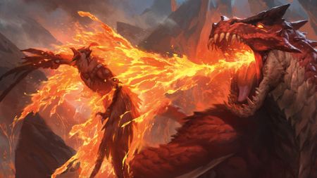 A red dragon burns a bird with its breath