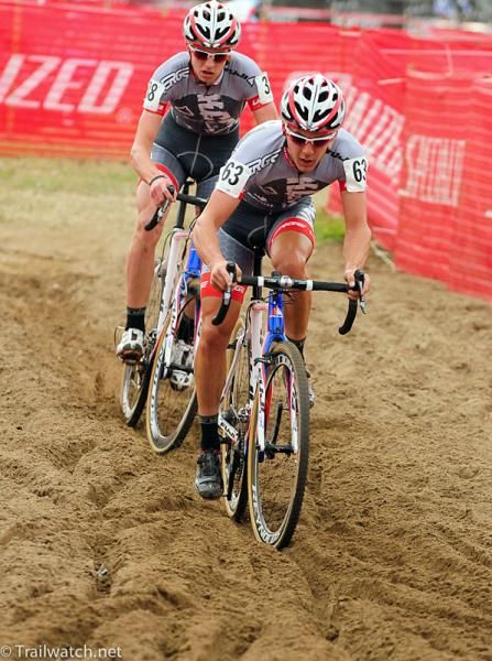 KCCX teammates Joseph Schmalz (front) and Kevin Fish (rear) riding the big sand pit