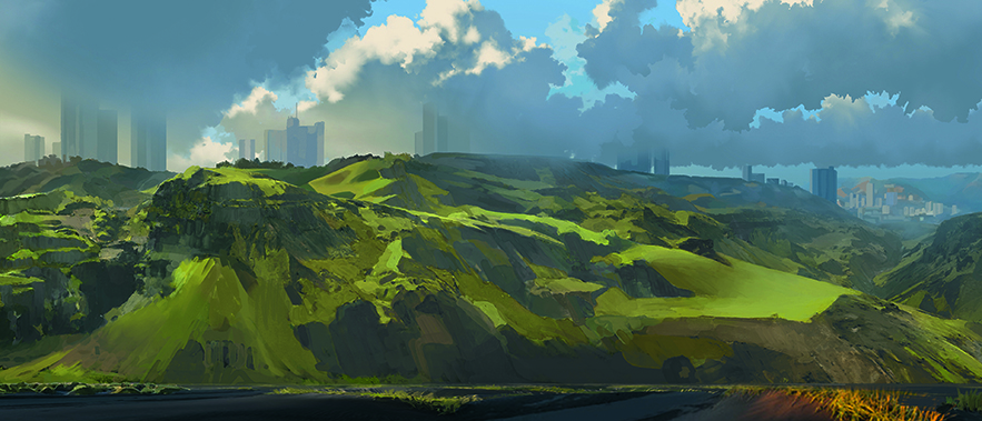 Concept art showing a landscape scene with green hills and trees