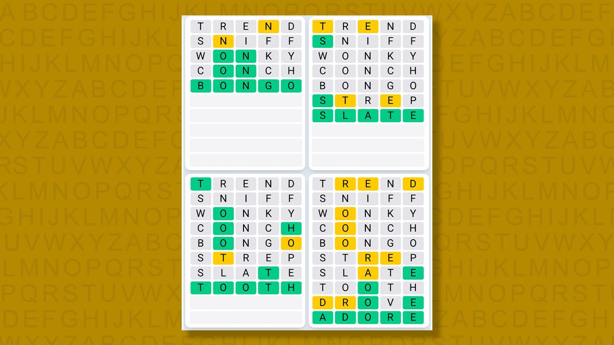 Quordle Daily Sequence answers for game 1477 on a yellow background