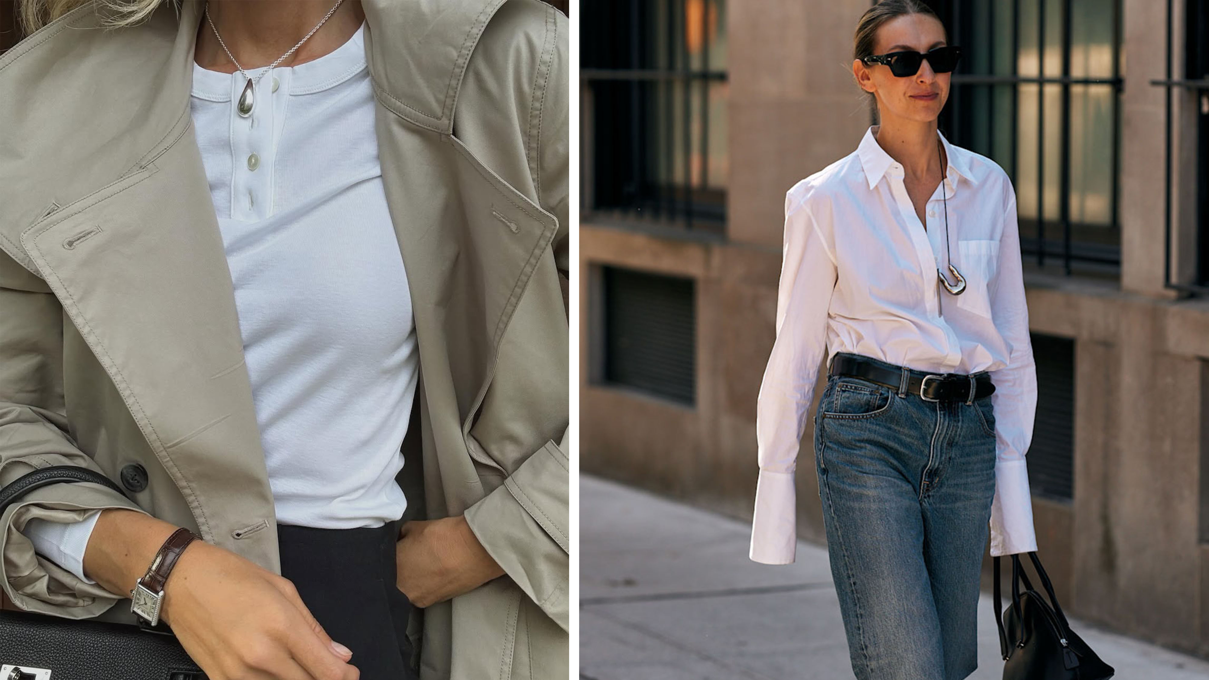 Woman in trench coat and white top; woman in white button-down and jeans.