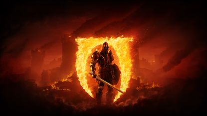 Key art for The Elder Scrolls 4: Oblivion Remastered, showing the hero standing in front of a flaming logo oblivion gate