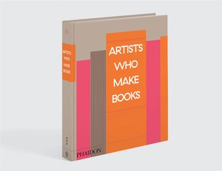 Colourful orange, pink and brown striped front cover of the book 'Artists who male books'