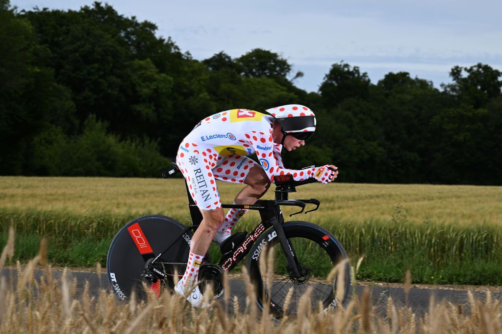 GEVREYCHAMBERTIN FRANCE JULY 05 Jonas Abrahamsen of Norway and Team UnoX Mobility Polka Dot Mountain Jersey of Polandrints during the 111th Tour de France 2024 Stage 7 a 253km individual time trial stage from NuitsSaintGeorges to GevreyChambertin UCIWT on July 05 2024 in GevreyChambertin France Photo by Tim de WaeleGetty Images