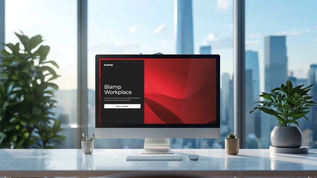 The Biamp Workspace log-in screen on a work desk. 