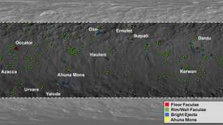 This map from NASA's Dawn mission shows locations of bright material on the dwarf planet Ceres. There are more than 300 bright areas, called "faculae," on Ceres.