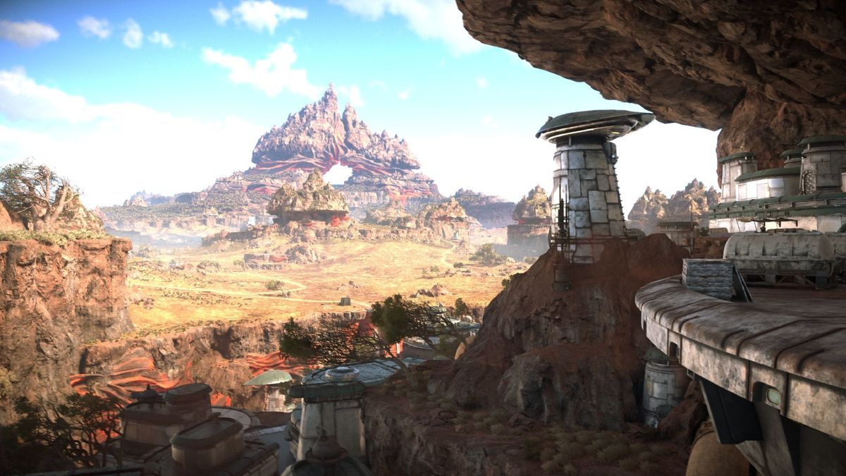 A screenshot from Ubisoft&#039;s Star Wars Outlaws, showing an open-world vista from a city location