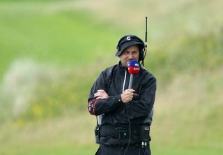 David Howell of England working as an on-course commentator for Sky Sports during the first round of the 148th Open Championship held on the Dunluce Links at Royal Portrush
