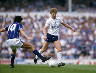 Micky Hazard in action for Tottenham against Leicester in August 1984.